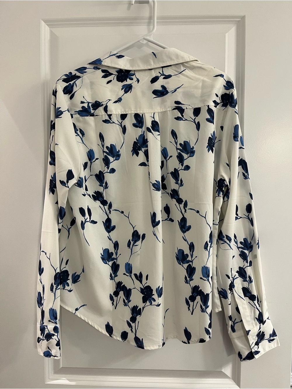 Women's White Button-Down Shirt with Blue Floral Print - Picture 2 of 3